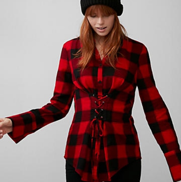 Express Tops - Express Red Black Buffalo plaid corset flannel